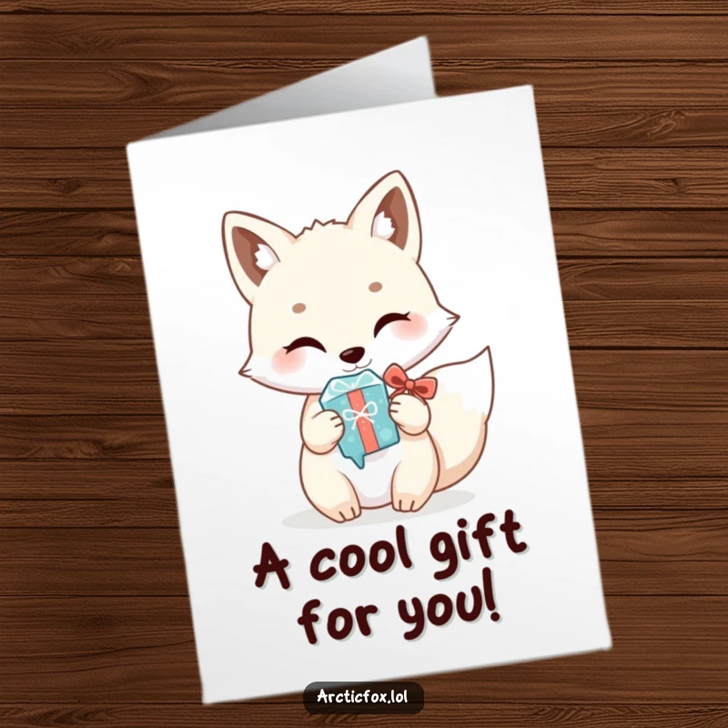 Funny free printable birthday card with a kawaii arctic fox proudly presenting a shiny icicle as a gift.