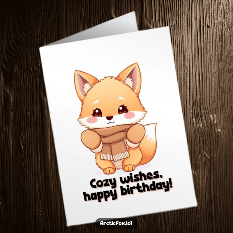 Funny Free Printable Birthday Card: Fluffy fox wearing warm mittens and a scarf, sending cheerful winter birthday greetings.