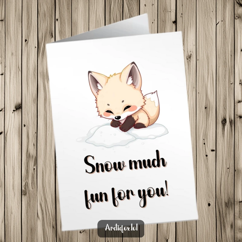 Funny Free Printable Birthday Card: Cute arctic fox joyfully digging in soft white snow, ready for a celebration.