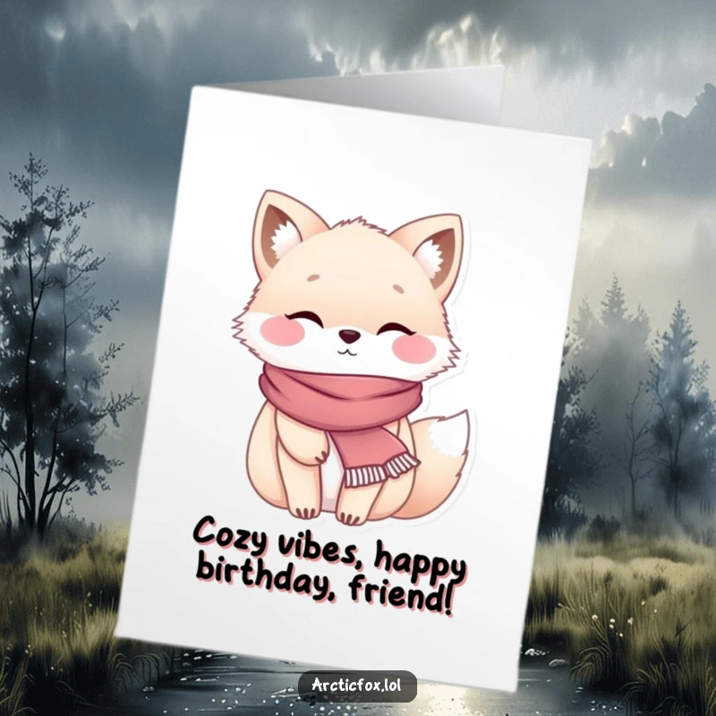 Funny Free Printable Birthday Card with a chubby arctic fox in a tiny scarf, looking incredibly cozy and warm.
