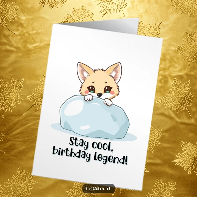 Funny Free Printable Birthday Card: Curious arctic fox with wide eyes peeking from behind an icy boulder.