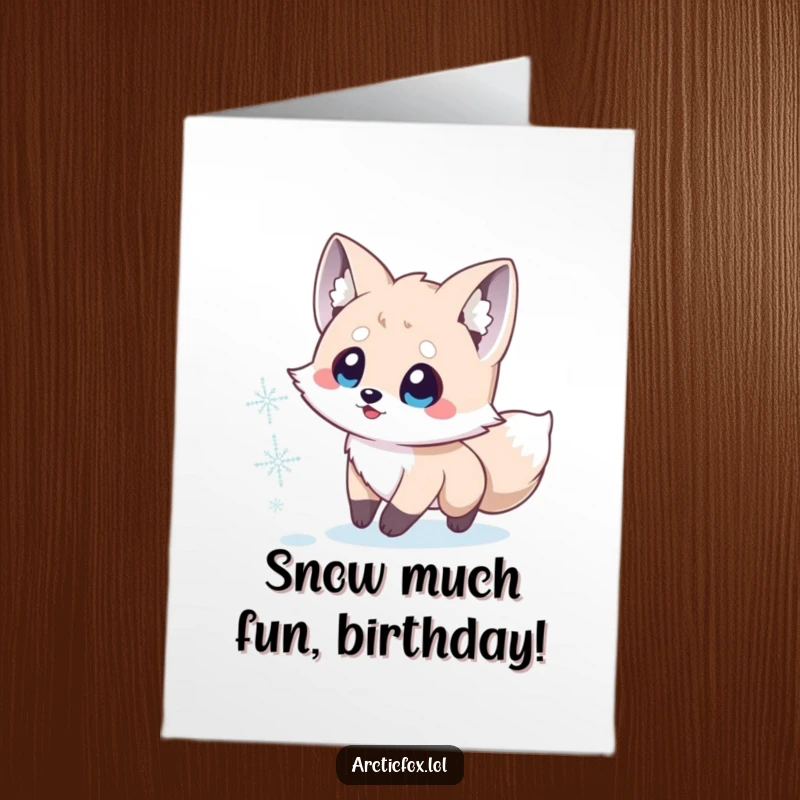 Funny Free Printable Birthday Card featuring a cute Arctic fox with big eyes ecstatically chasing a whimsical snowflake.