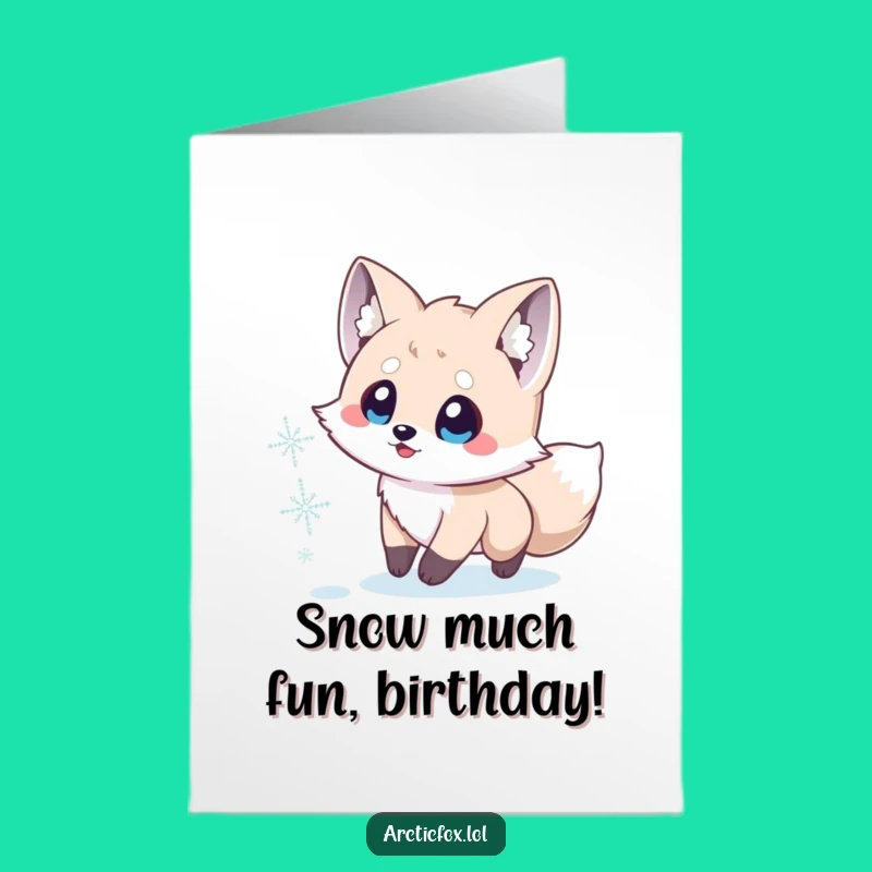 Free Printable Birthday Card: Funny Arctic Fox Chasing Snowflake Joyful Downloadable Gift