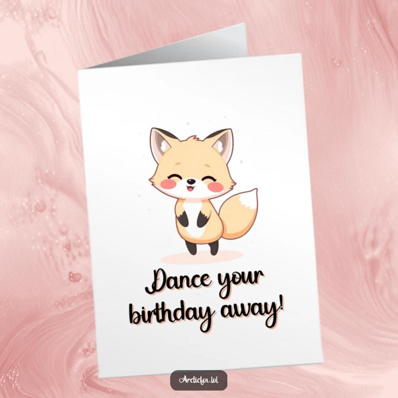 Funny Free Printable Birthday Card featuring a happy Kawaii arctic fox joyfully dancing amidst a gentle, swirling snow flurry.