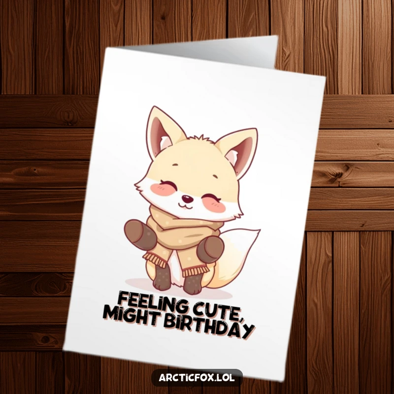 Funny Free Printable Birthday Card: A giggling arctic fox wearing a tiny scarf and mittens, happily wiggling its ears.