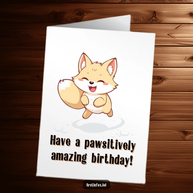 Funny Free Printable Birthday Card: Kawaii arctic fox leaping joyfully with ears perked through fresh snow.