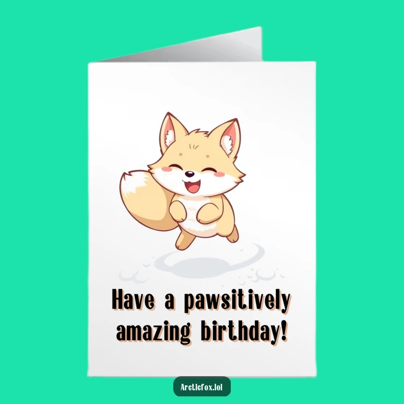 Free Printable Birthday Card: Joyful Arctic Fox Leap Funny Downloadable Gift