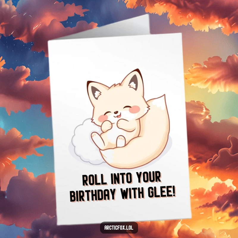 Free Printable Birthday Card: An arctic fox gleefully rolling in deep, powdery snow, pure winter delight.