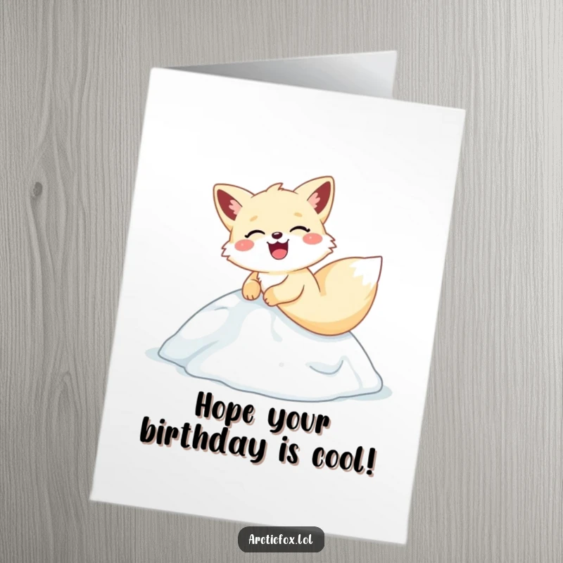 Funny Free Printable Birthday Card: An arctic fox gleefully sliding down a snowy hill, pure laughter captured.