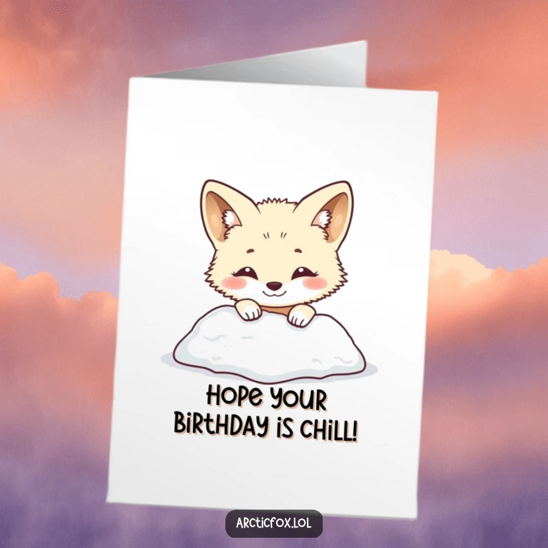 Funny Free Printable Birthday Card: Smiling arctic fox playfully peeking out from behind a snowy mound.