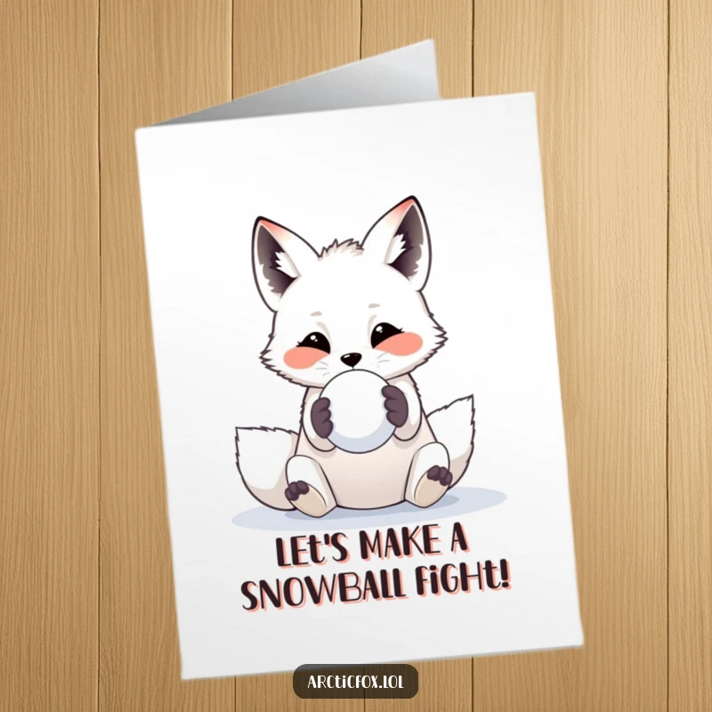 Funny Free Printable Birthday Card: Playful arctic fox tossing a snowball with its paws, spreading birthday fun.
