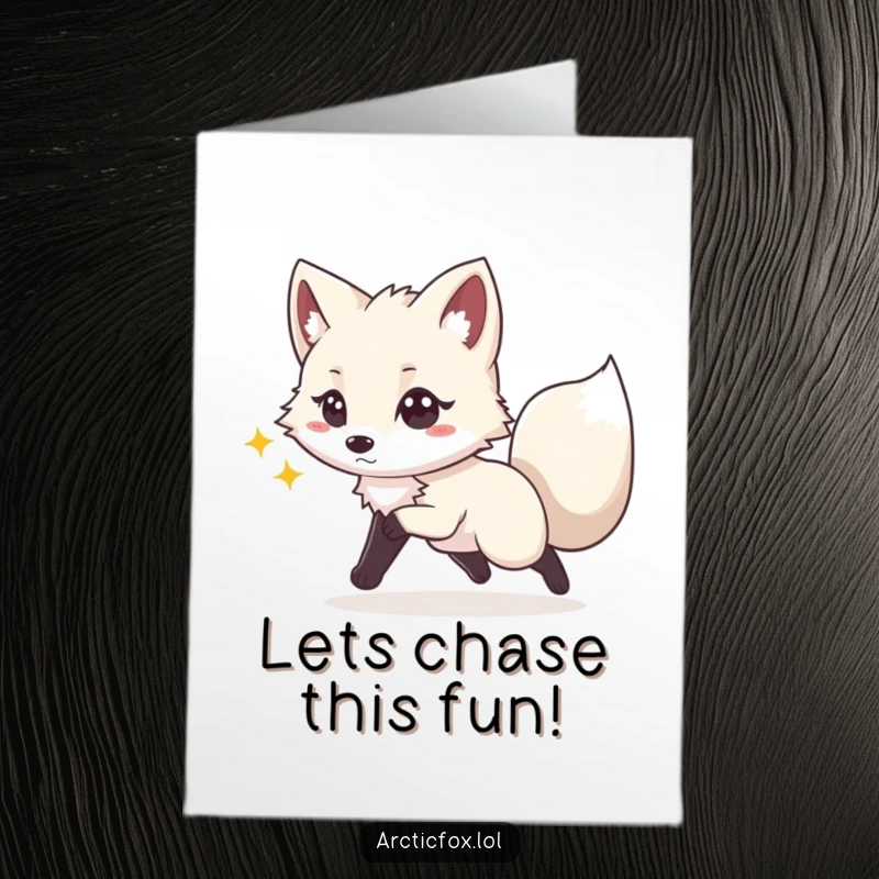 Funny Free Printable Birthday Card: Arctic fox with a playful spark chasing its tail, wishing a happy birthday.