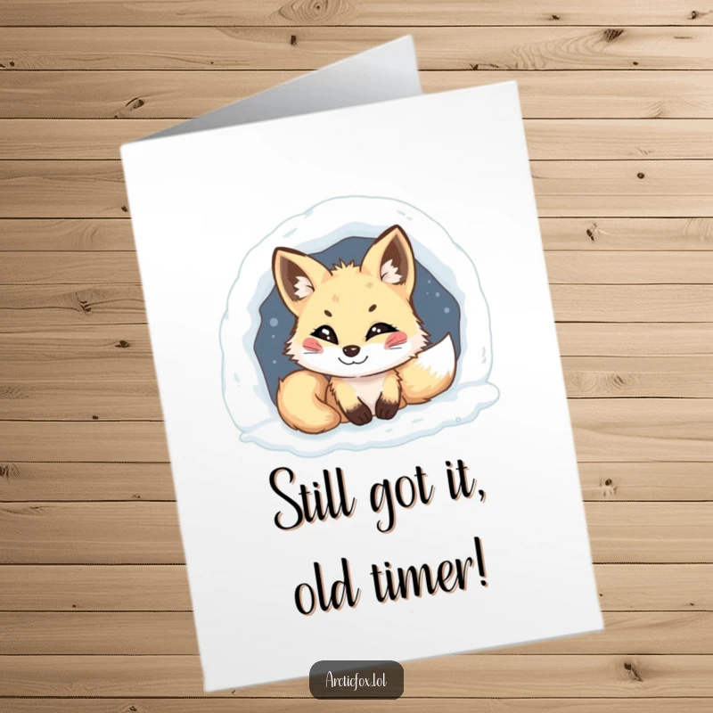 Funny Free Printable Birthday Card: Mischievous Arctic Fox peeking from a snowy den, plotting birthday pranks with a grin.