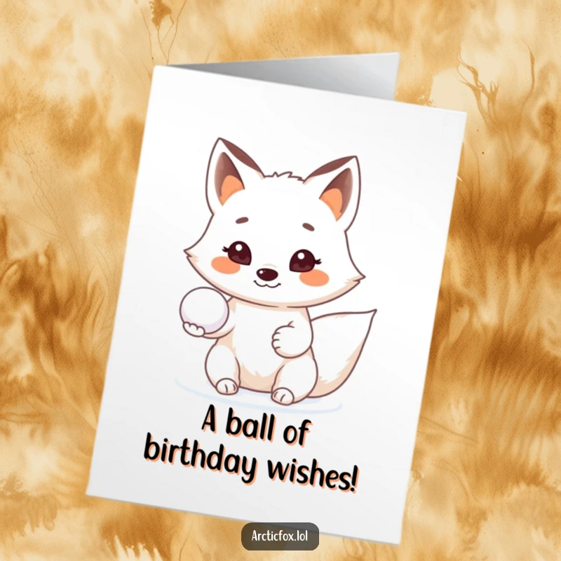 Funny Free Printable Birthday Card: Arctic fox with a beaming smile offering a fresh snowball, perfect for birthday cheer.