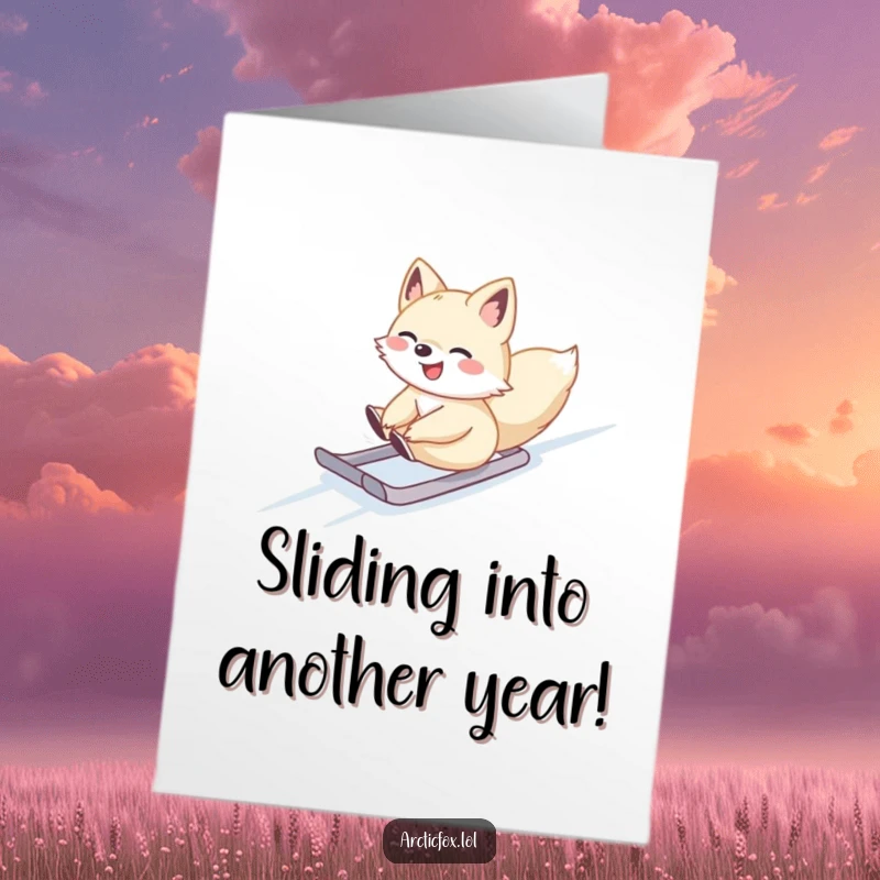 Fun Free Printable Birthday Card: Cute Arctic fox gleefully sliding down a snowy slope, a joyful downloadable gift.