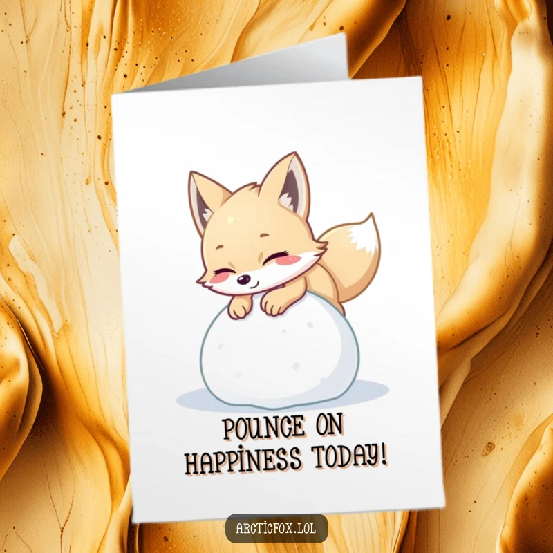 Funny Free Printable Birthday Card: Playful arctic fox pouncing with delight on a ball of soft snow.