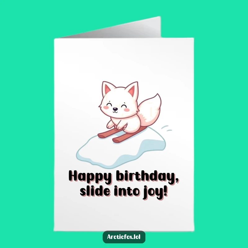 Free Printable Birthday Card: Gleeful Kawaii Fox Ice Slide Funny Downloadable Gift