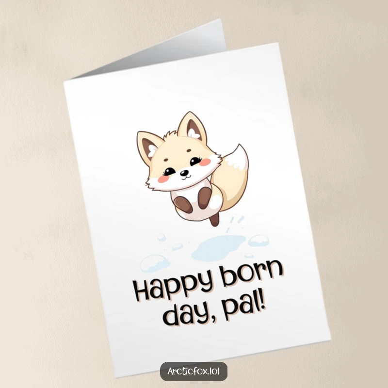 Adorable free printable kawaii arctic fox card showing a happy fox leaping playfully in fresh, white snow.