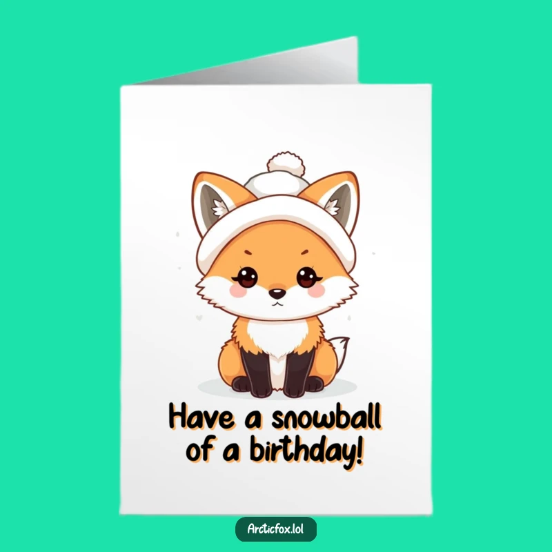 Free Printable Birthday Card: Funny Snowball Hat Fox Downloadable Gift