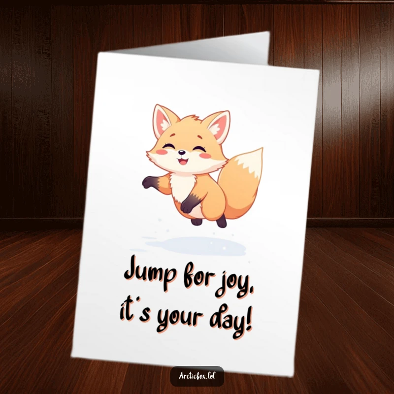 Funny free printable birthday card with a kawaii arctic fox joyfully leaping high in fresh, fluffy snow.