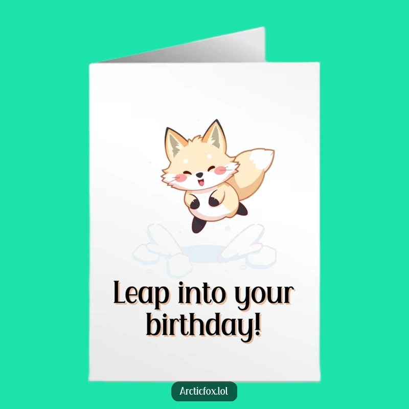 Cheery Free Printable Birthday Card: Joyful Arctic Fox Leaping for a Happy Day