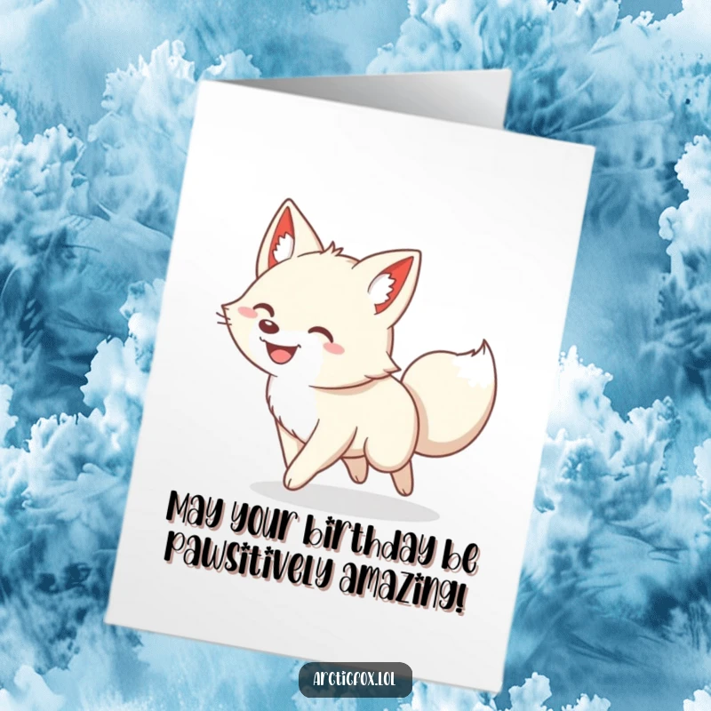 Funny Free Printable Birthday Card: Arctic fox gleefully chasing its tail with a huge grin, pure cartoon joy.