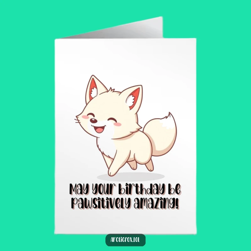 Free Printable Birthday Card: Funny Arctic Fox Tail Chasing, Hilarious Downloadable Gift