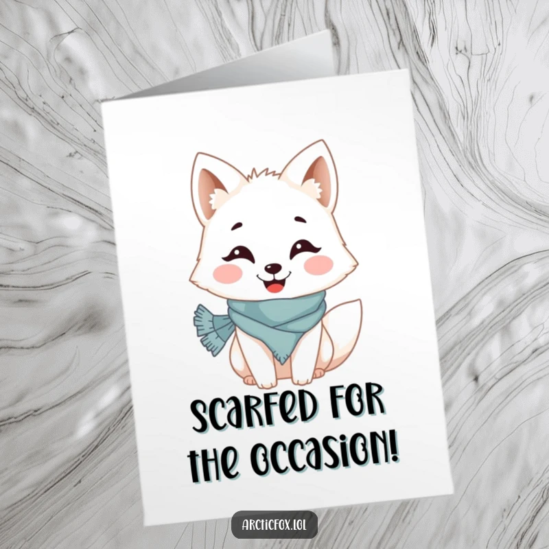 Funny Free Printable Birthday Card: Arctic fox with a cheerful grin wearing a tiny scarf wishing Happy Birthday.