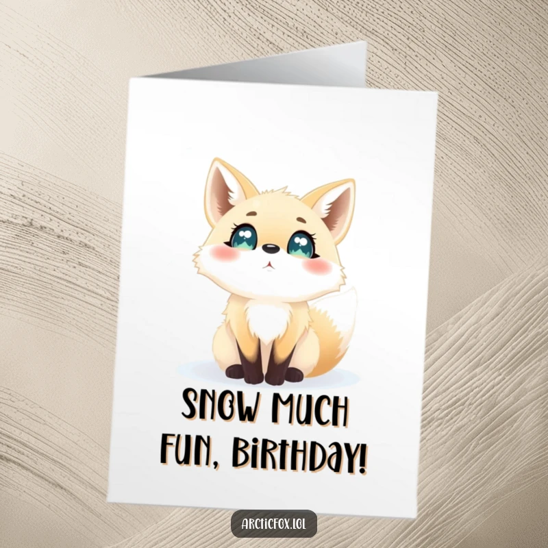 Funny Free Printable Birthday Card: Wide-eyed arctic fox mesmerized by falling snowflakes, spreading winter birthday cheer.