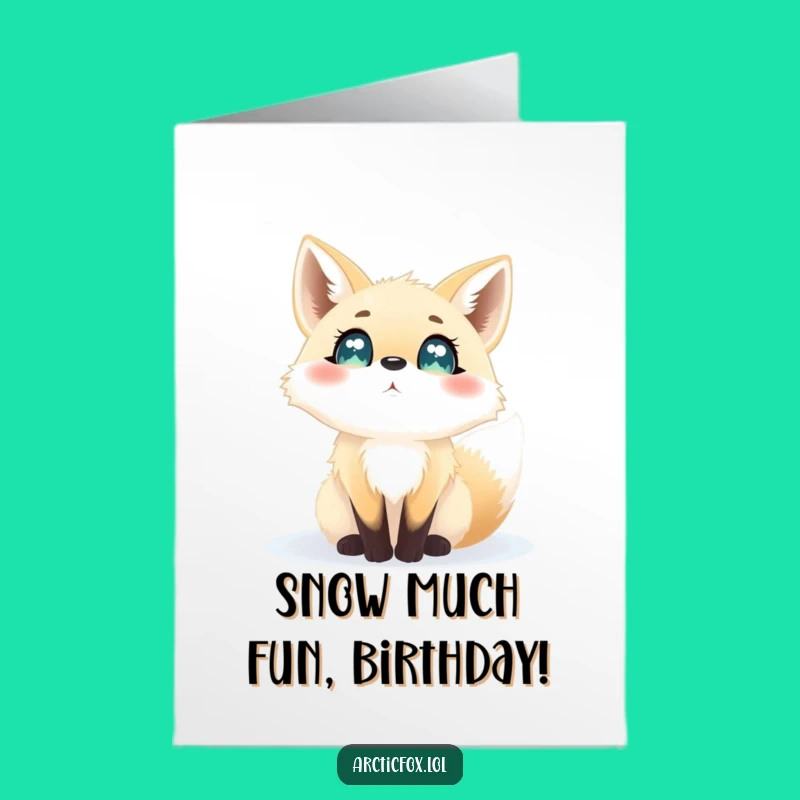 Free Printable Birthday Card: Excited Arctic Fox Snowfall Fun Downloadable Gift