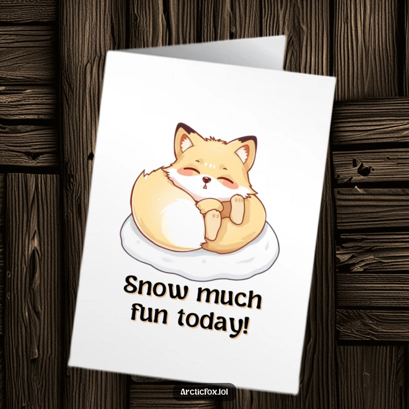 Funny Free Printable Birthday Card: Arctic fox gleefully rolling in fresh snow, spreading laughter and birthday wishes instantly.