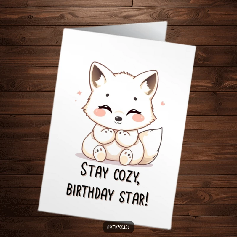 Funny Free Printable Birthday Card: Arctic fox curled up cozily, radiating warmth and happiness for a perfect birthday wish.