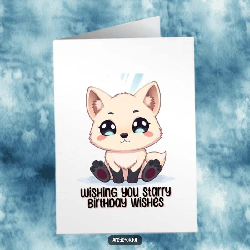 Funny Free Printable Birthday Card: Wide-eyed arctic fox mesmerized by the shimmering aurora borealis.