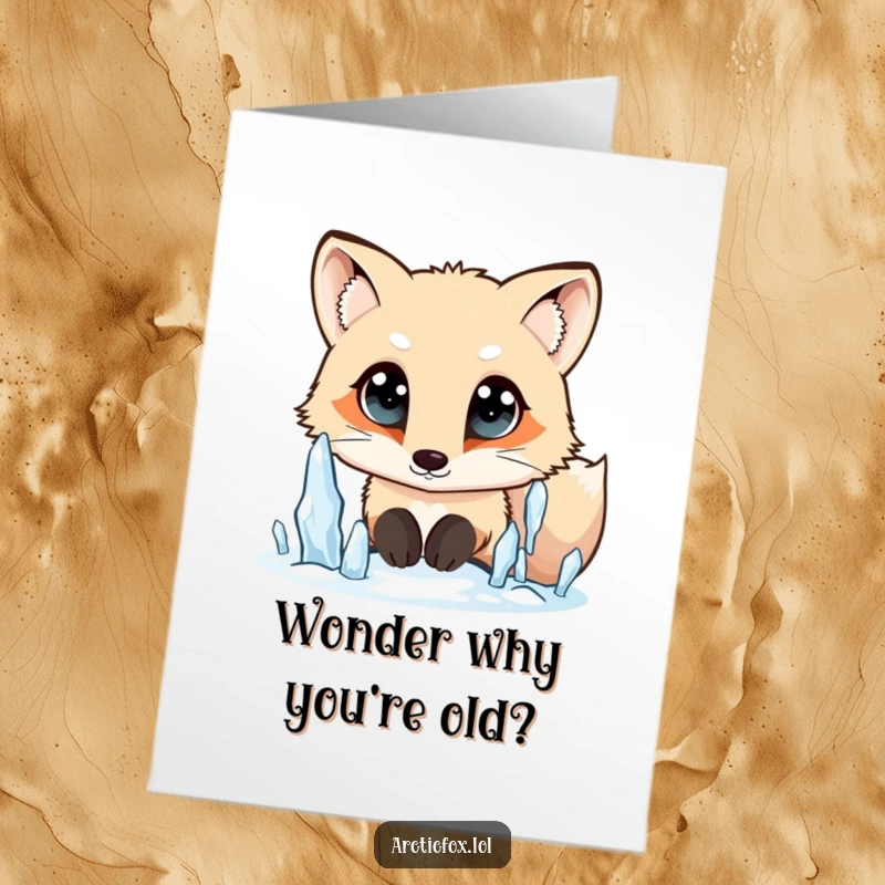 Funny Free Printable Birthday Card: Arctic Fox with wide, curious eyes, looking up in fascination at falling icicles.