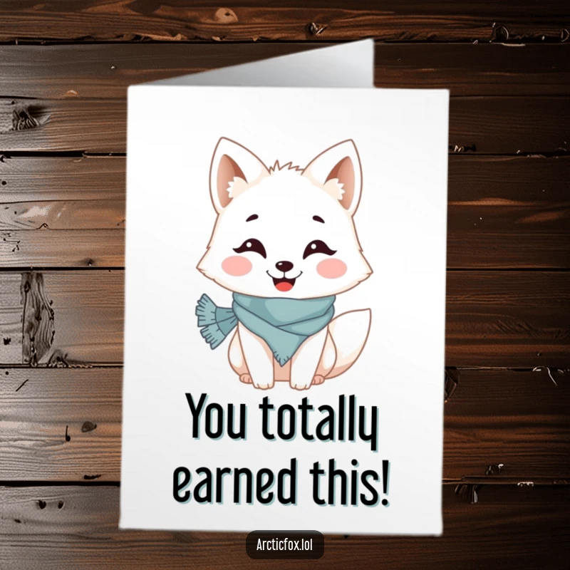 Funny Free Printable Congrats Card: Arctic fox with a cheerful grin wearing a tiny scarf celebrating good news.