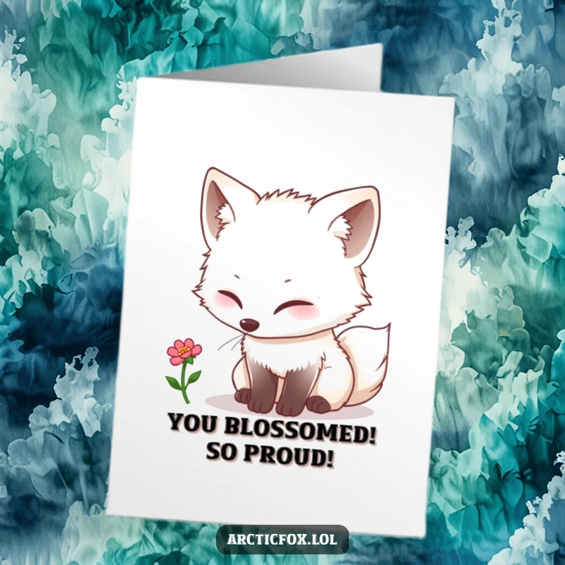 Funny Free Printable Congrats Card: Kawaii arctic fox curiously sniffs a tiny bloom, celebrating new achievements with gentle humor.