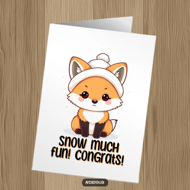 Funny Free Printable Congratulations Card: Adorable kawaii arctic fox wearing a quirky, slightly crooked snowball hat, congratulating.