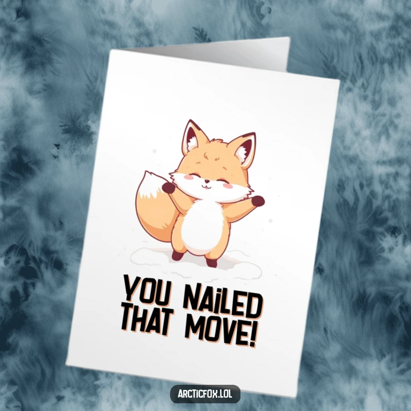 Funny Free Printable Congratulations Card: A fluffy fox performs a silly dance in a snowdrift, celebrating with unbridled enthusiasm.