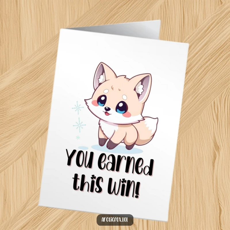 Funny Free Printable Congratulations Card showing a joyful Arctic fox leaping to catch a single, magical snowflake.