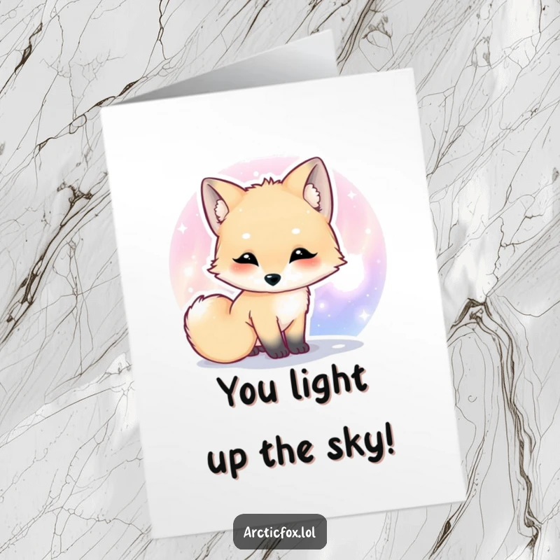 Funny Free Printable Congratulations Card: A kawaii arctic fox curiously investigates the ethereal glow of a colorful aurora.