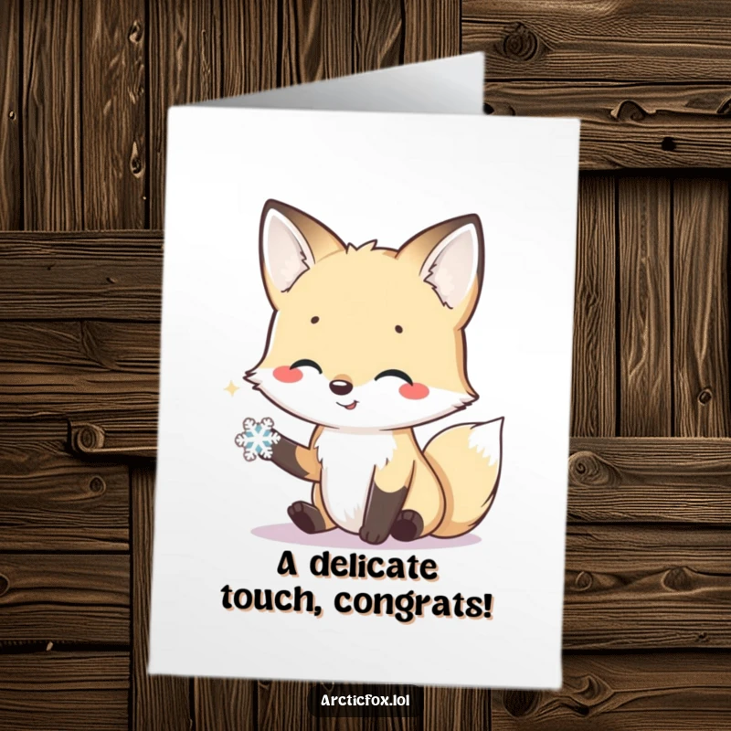 Funny Free Printable Congrats Card: Friendly arctic fox reaching out a paw to a delicate snowflake, celebrating kindness.