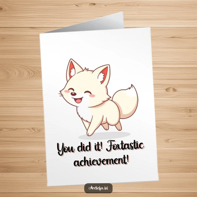 Funny Free Printable Congrats Card: Arctic fox gleefully chasing its tail, symbolizing joyful celebration and achievement.