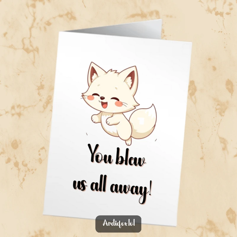 Funny Free Printable Congratulations Card showcasing a giddy Kawaii arctic fox playfully pouncing on a swift gust of wind.