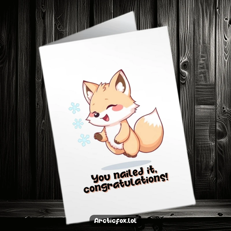 Funny Free Printable Congrats Card showing a happy kawaii arctic fox chasing a swirling snowflake, perfect for celebrating wins.