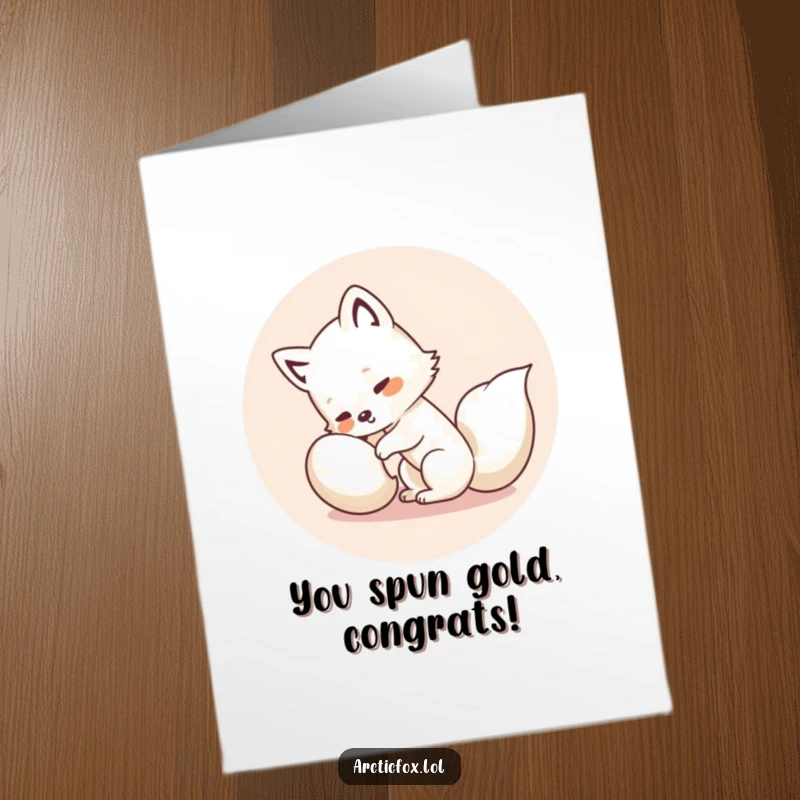 Free printable congratulations card featuring a funny kawaii arctic fox comically trying to catch its own tail.
