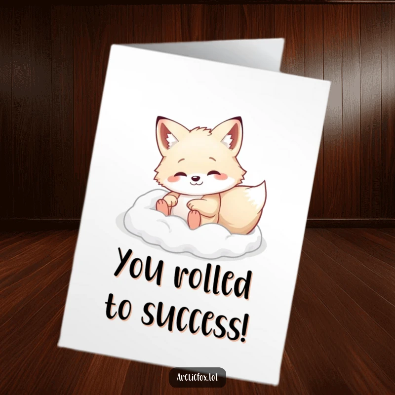 Sweet Free Printable Congratulations Card: An Arctic fox character happily rolling in soft white powder, a delightful downloadable.