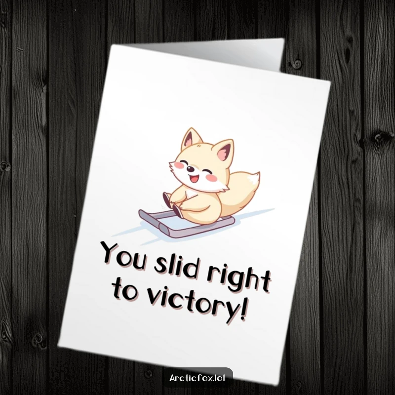 Fun Free Printable Congratulations Card: A cute Arctic fox gleefully sliding down a snowy slope, a dynamic downloadable.