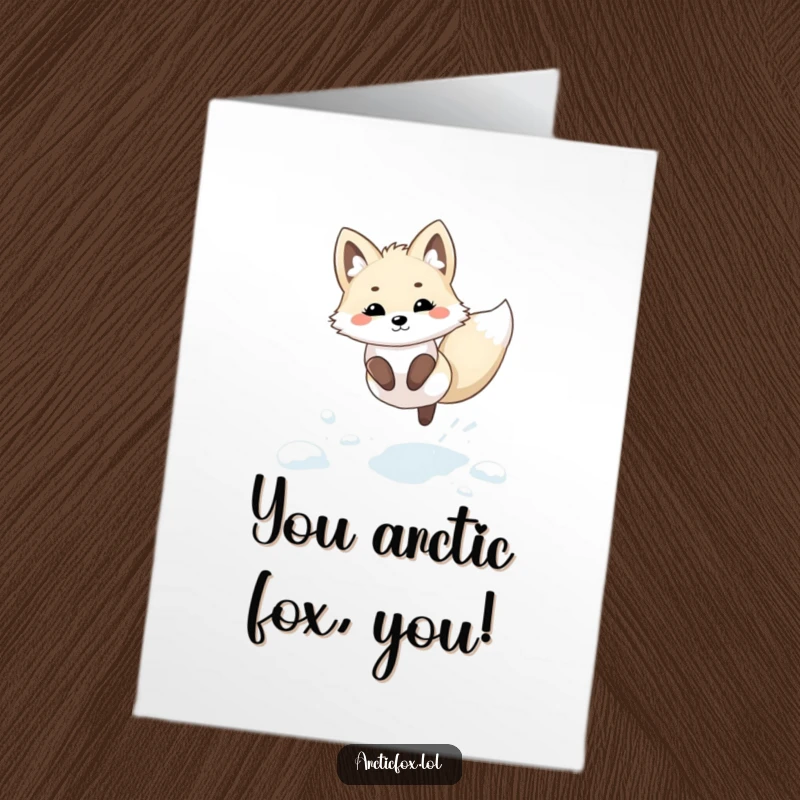 Cute free printable kawaii arctic fox congratulations card with a fox joyfully leaping in snowy winter.