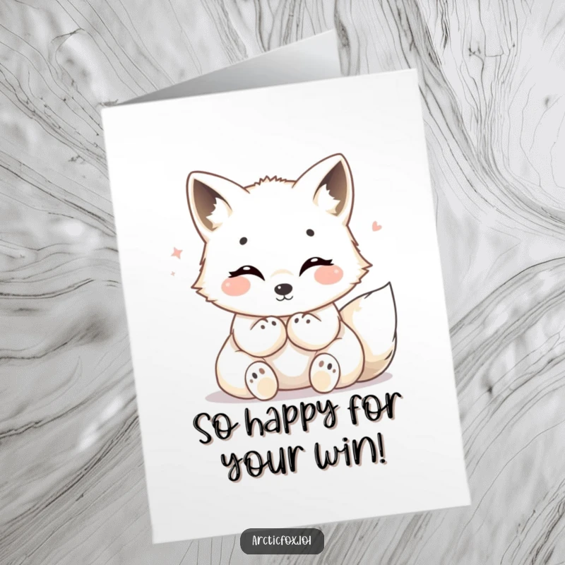 Funny Free Printable Congratulations Card: Arctic fox radiating warmth with tucked paws, a cozy way to say congrats.