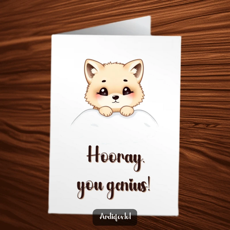 Funny Free Printable Congrats Card: Chubby arctic fox peering curiously out of a snowdrift to celebrate.